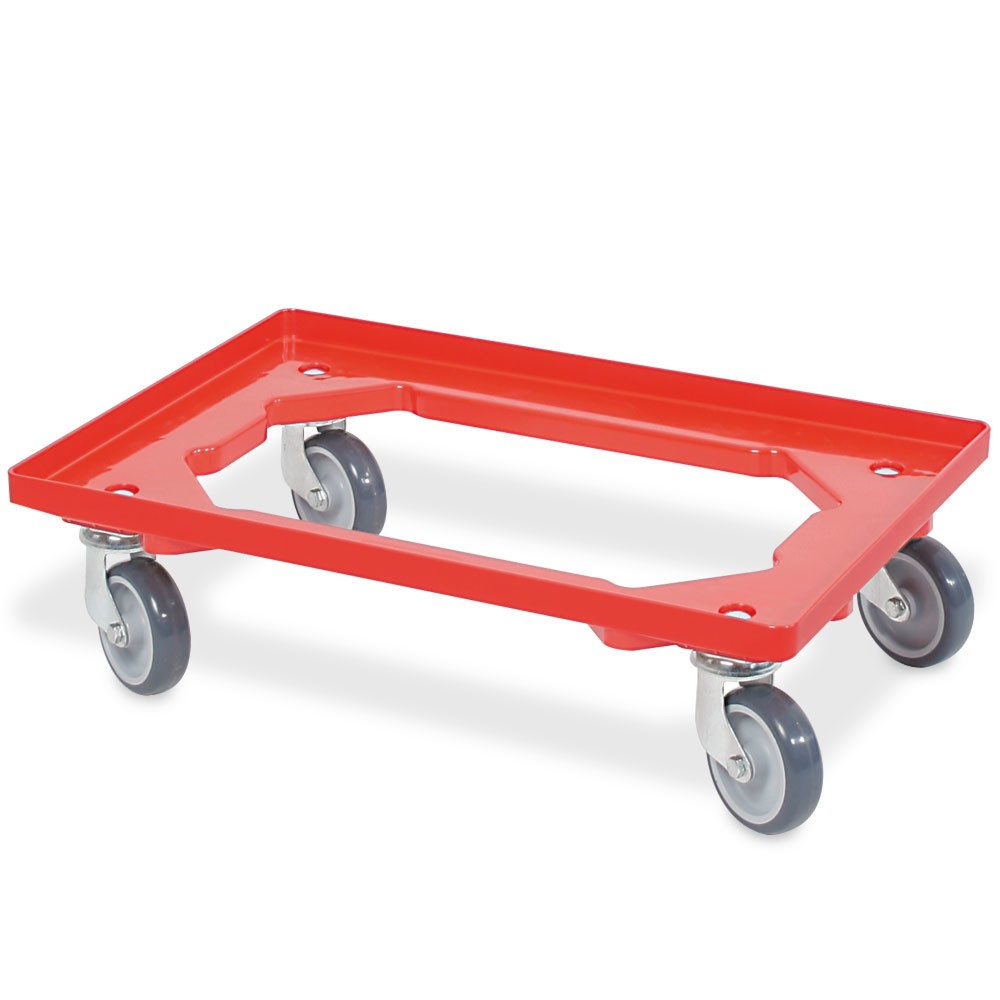 Product afbeelding: Transportroller voor euro-stapelbakken 600x400 mm rood, 4 zwenkwielen, grijze rubberen banden