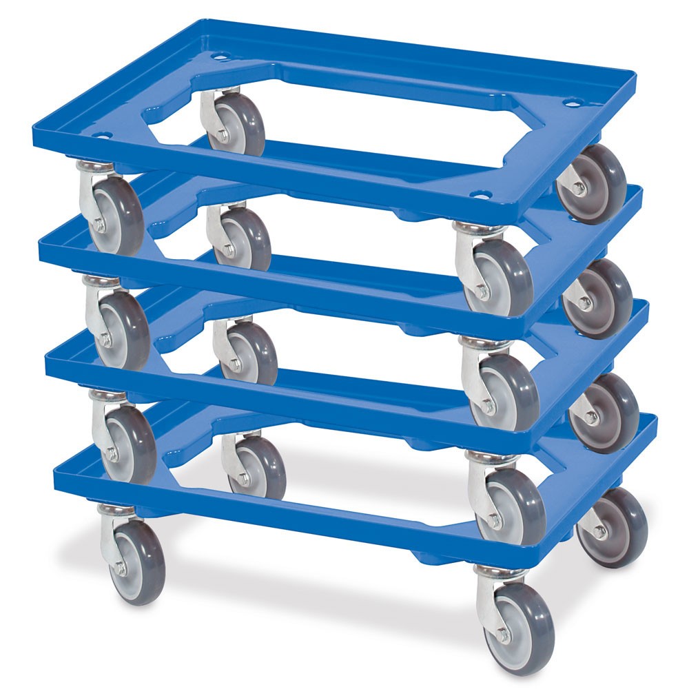 Productafbeelding nr. 2: Transportroller voor euro-stapelbakken 600x400 mm blauw, 4 zwenkwielen, grijze rubberen banden