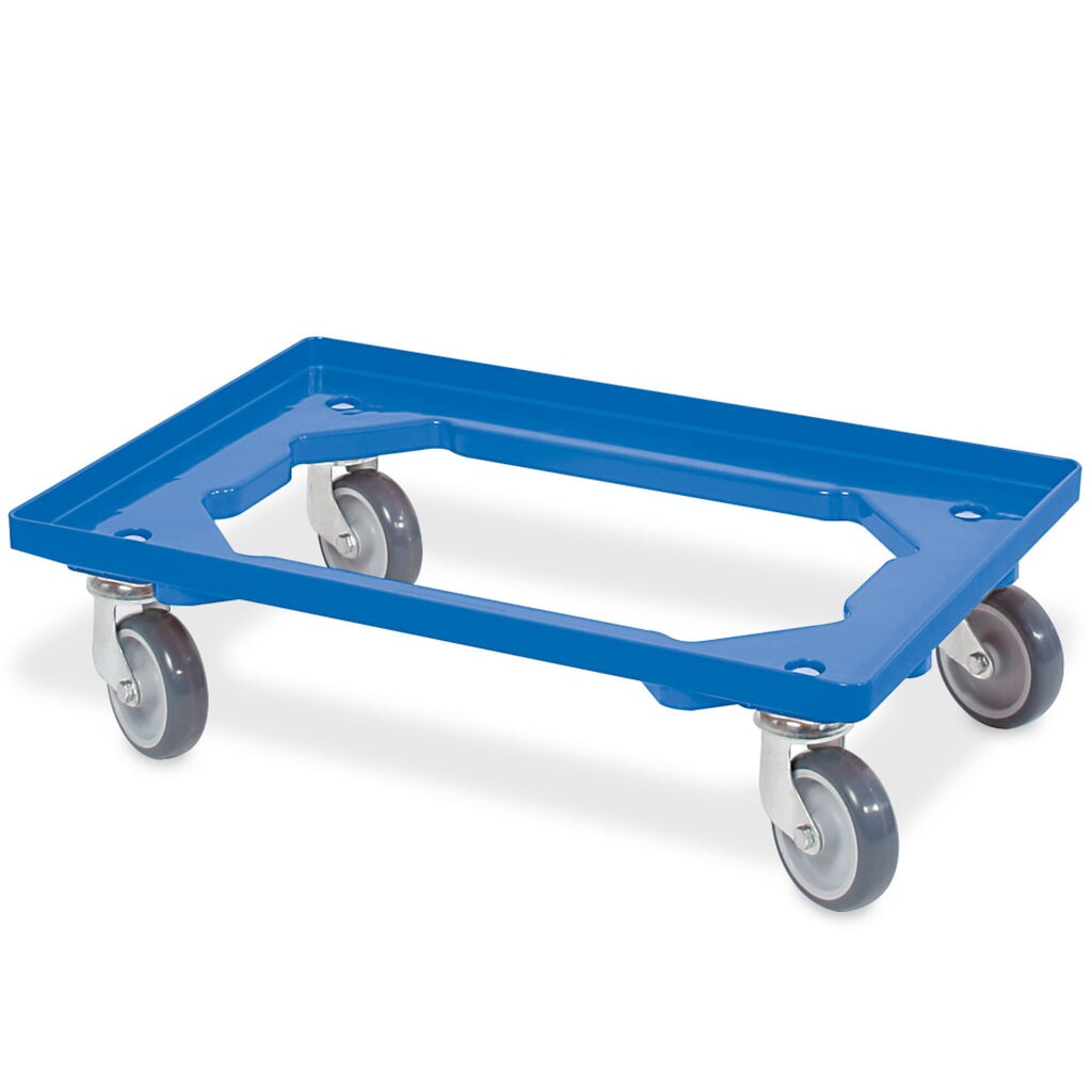 Product afbeelding: Transportroller voor euro-stapelbakken 600x400 mm blauw, 4 zwenkwielen, grijze rubberen banden
