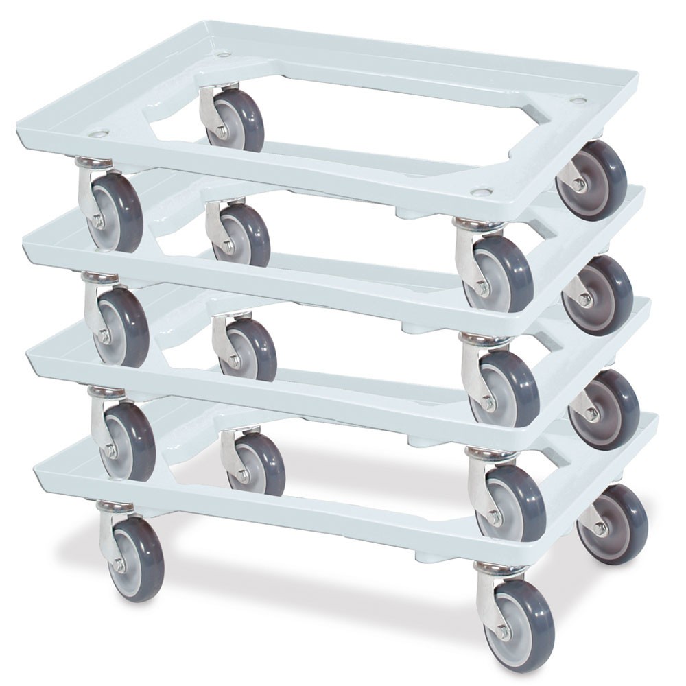 Productafbeelding nr. 2: Transportroller voor euro-stapelbakken 600x400 mm wit, 4 zwenkwielen, grijze rubberen banden