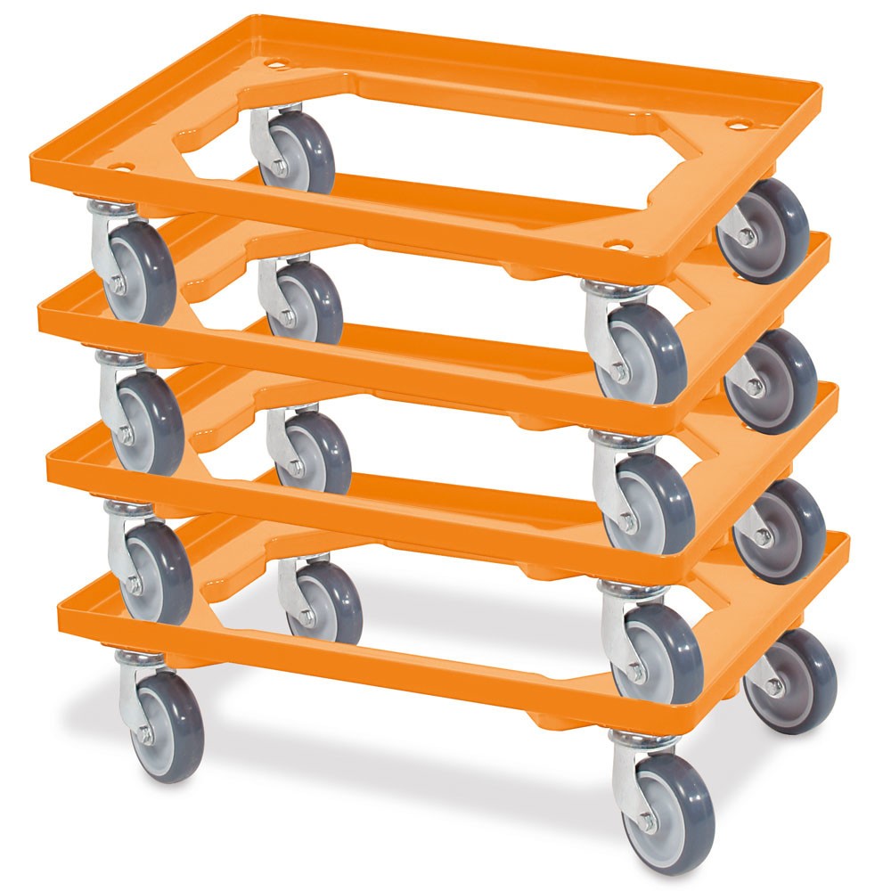 Productafbeelding nr. 2: Transportroller voor euro-stapelbakken 600x400 mm oranje, 4 zwenkwielen, grijze rubberen banden