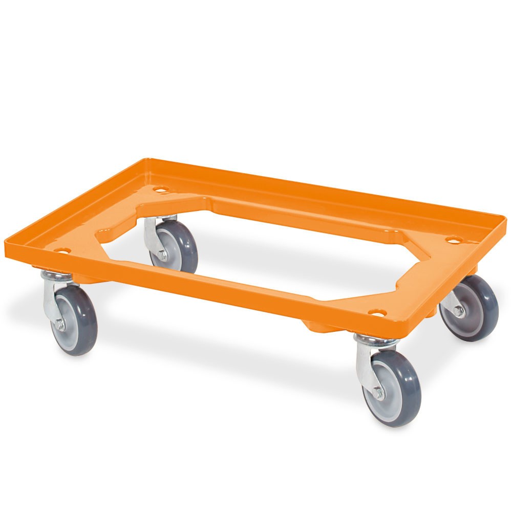 Productafbeelding nr. 1: Transportroller voor euro-stapelbakken 600x400 mm oranje, 4 zwenkwielen, grijze rubberen banden