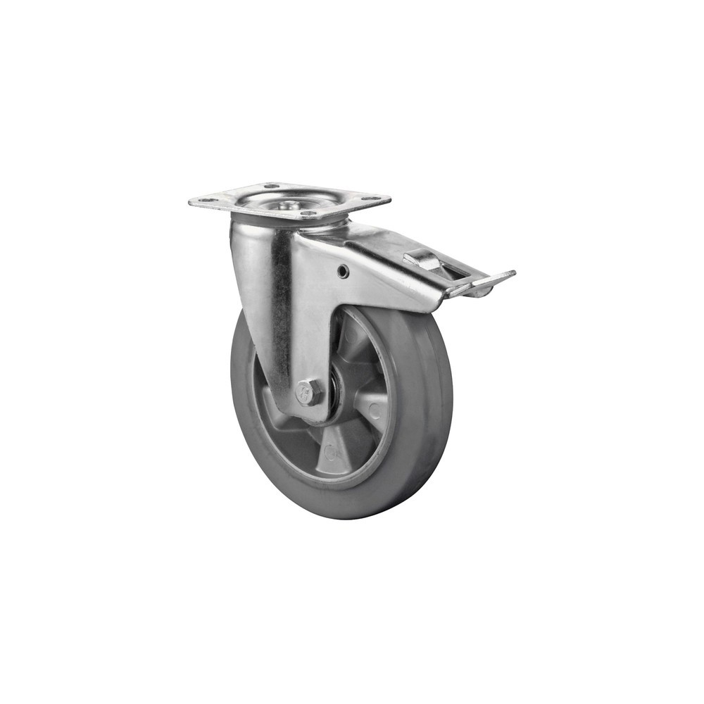 Product afbeelding: Transportwiel elastisch rubber, grijs, zwenkwiel met parkeerrem, kogellager, plaat, Ø x breedte 100 x 40 mm, draagvermogen 150 kg