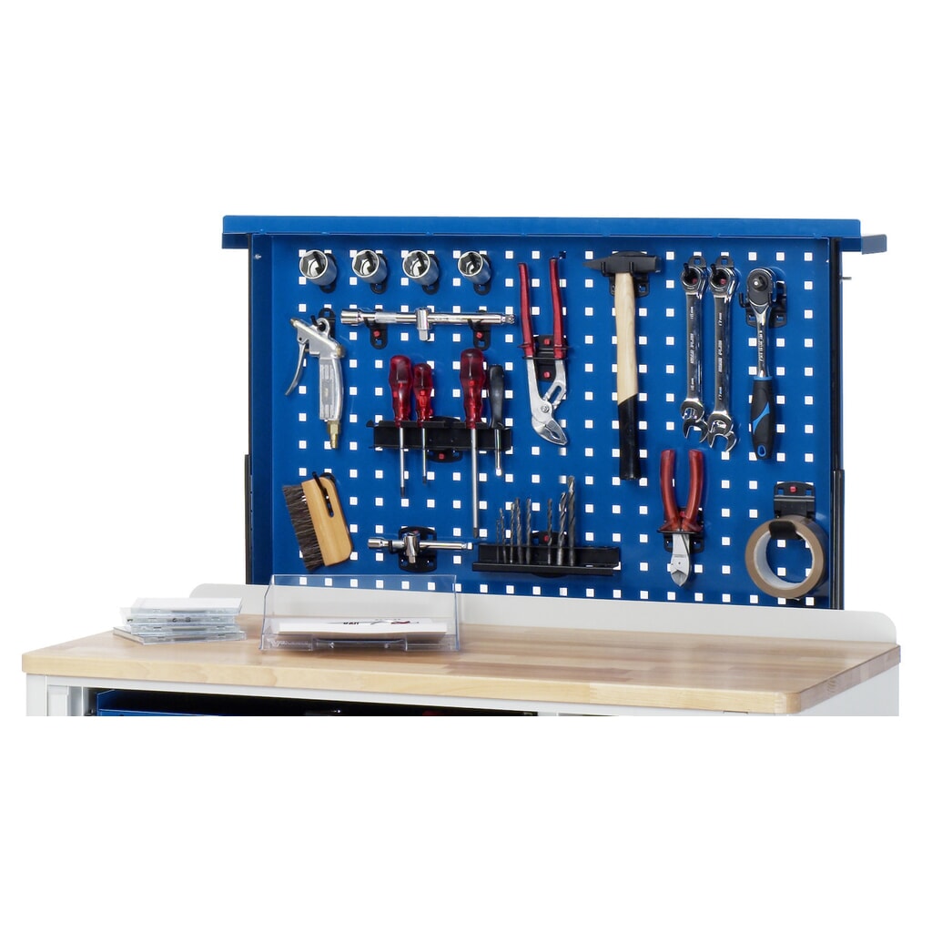 Uitschuifbare geperforeerde wand RAU voor gereedschapswagen, beuken werkblad Product afbeelding: Uitschuifbare geperforeerde wand RAU voor gereedschapswagen, beuken werkblad