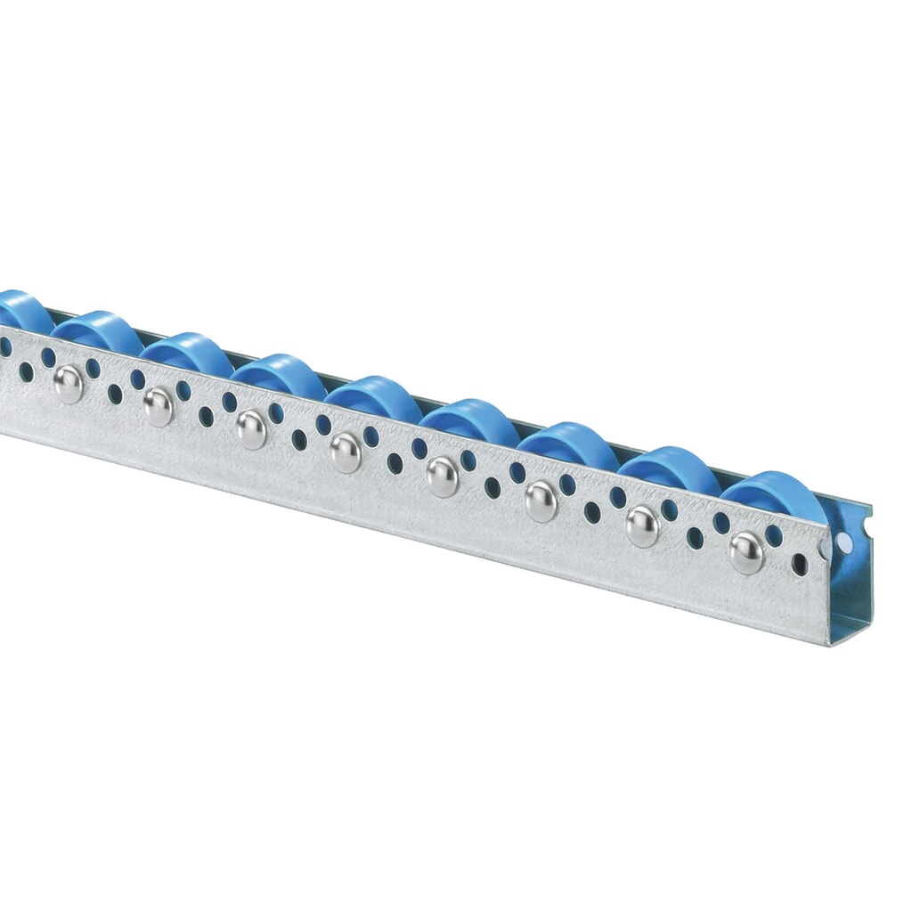 Universele rollenrail, kunststof rollen, verdeling 100 mm, cap. per rol 10 kg Product afbeelding: Universele rollenrail, kunststof rollen, verdeling 100 mm, cap. per rol 10 kg