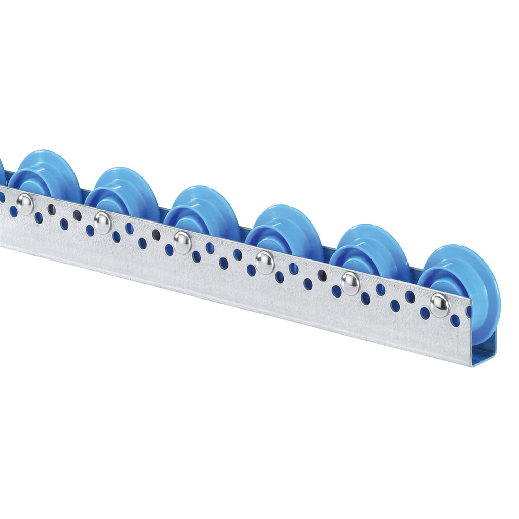 Universele rollenrail, kunststof rollen, met spoorkrans, verdeling 100 mm, cap. per rol 10 kg Product afbeelding: Universele rollenrail, kunststof rollen, met spoorkrans, verdeling 100 mm, cap. per rol 10 kg