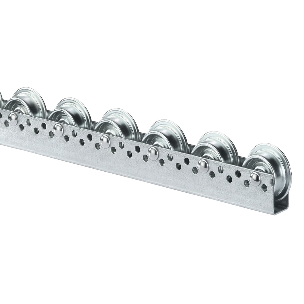 Universele rollenrail, stalen rollen, met spoorkrans, verdeling 100 mm, cap. per rol 20 kg Product afbeelding: Universele rollenrail, stalen rollen, met spoorkrans, verdeling 100 mm, cap. per rol 20 kg