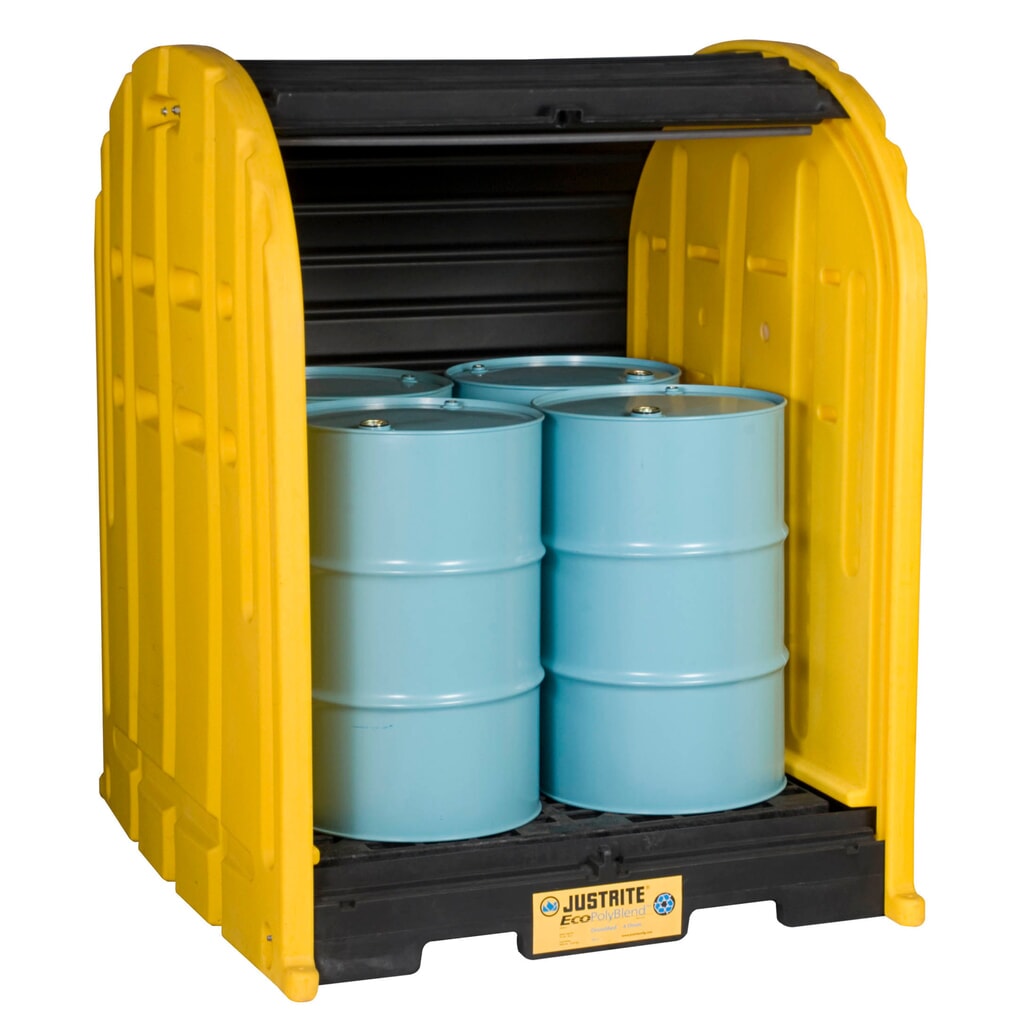 Vatendepot met roldeuren Justrite, 4 x 200 l, inhoud 301 l Product afbeelding: Vatendepot met roldeuren Justrite, 4 x 200 l, inhoud 301 l