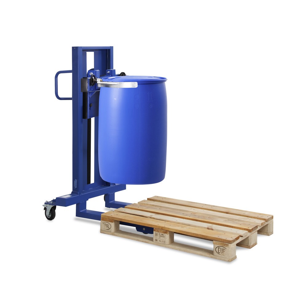 Product afbeelding: Vatenheffer met vatenklem, voor PE-vaten, smal wielstel, hefhoogte 520 mm