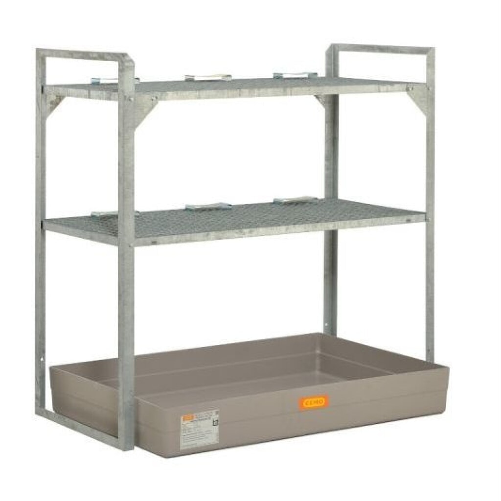 Vatenstelling CEMO voor gevaarlijke stoffen, GVK-lekbak, voor 6 vaten van 60 liter, 2 roosters Product afbeelding: Vatenstelling CEMO voor gevaarlijke stoffen, GVK-lekbak, voor 6 vaten van 60 liter, 2 roosters