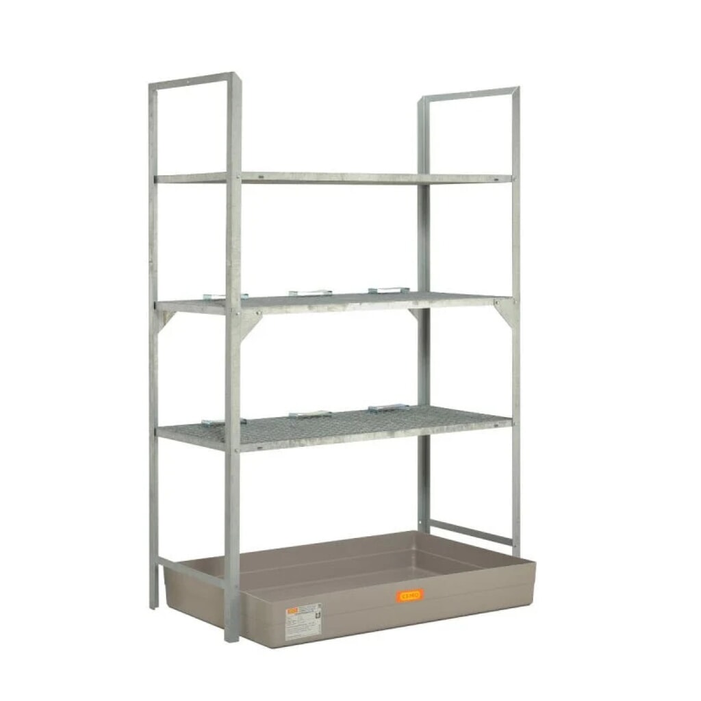 Product afbeelding: Vatenstelling CEMO voor gevaarlijke stoffen, GVK-lekbak, voor 6 vaten van 60 liter, 3 roosters
