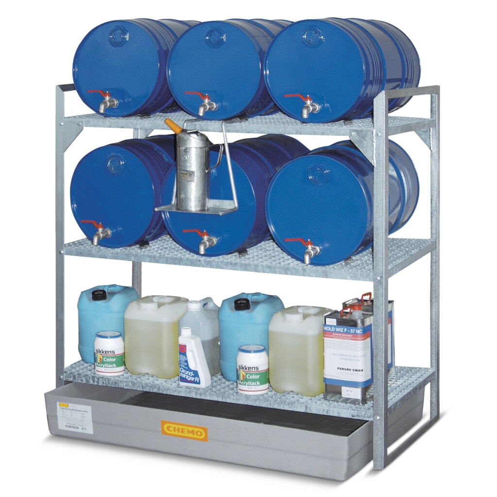 Productafbeelding nr. 2: Vatenstelling CEMO voor gevaarlijke stoffen, GVK-lekbak, voor 6 vaten van 60 liter, 2 roosters
