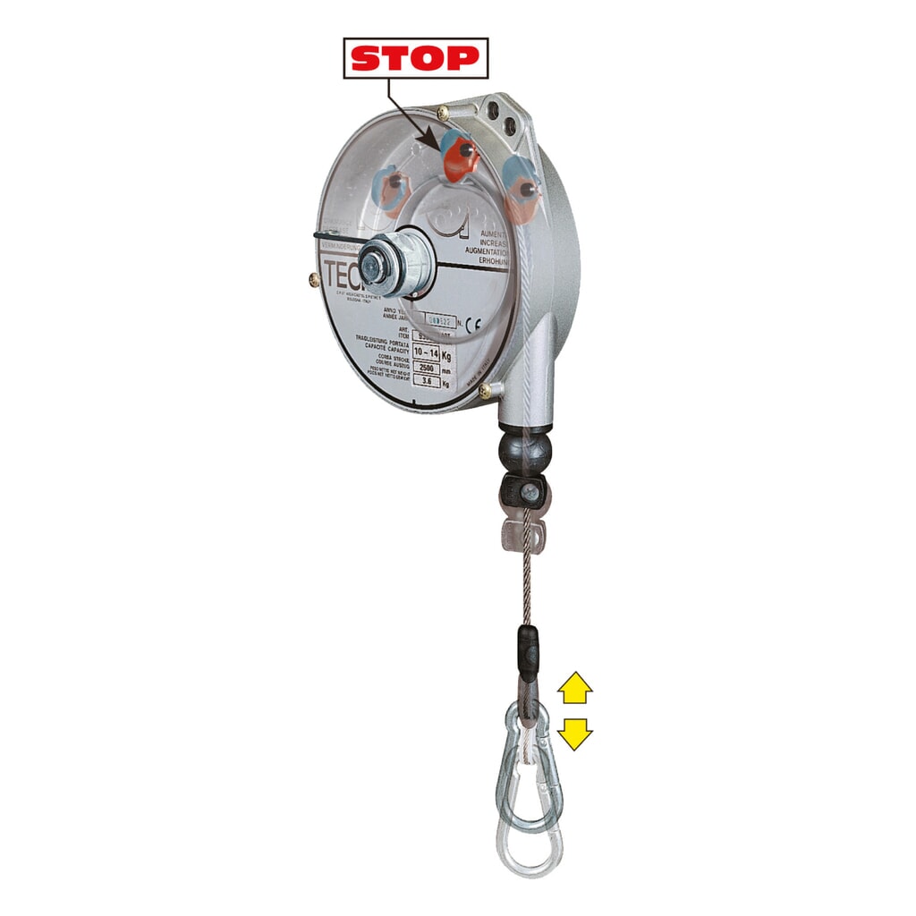 Veerbalancer, met vergrendeling, aluminium behuizing, uittrek 2,5 m, draagvermogen 2-4 kg Product afbeelding: Veerbalancer, met vergrendeling, aluminium behuizing, uittrek 2,5 m, draagvermogen 2-4 kg
