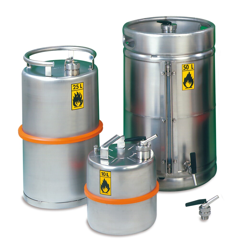Veiligheidscontainer van roestvrij staal, met schroefdop, 10 liter Product afbeelding: Veiligheidscontainer van roestvrij staal, met schroefdop, 10 liter