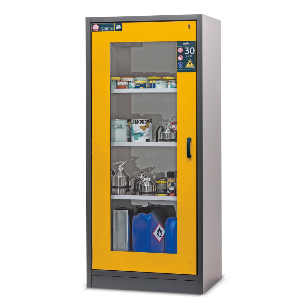 Brandveilige kluis asecos® type 30 met glazen deur, hxbxd 1.947 x 864 x 620 mm, antracietgrijs, goudgeel Product afbeelding: Brandveilige kluis asecos® type 30 met glazen deur, hxbxd 1.947 x 864 x 620 mm, antracietgrijs, goudgeel