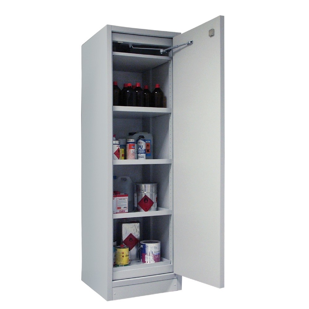 Product afbeelding: Veiligheidskast type 30, met 1 vleugel, 3 legborden, 1 geperforeerde plaat, 1 lekbak, RAL 7035