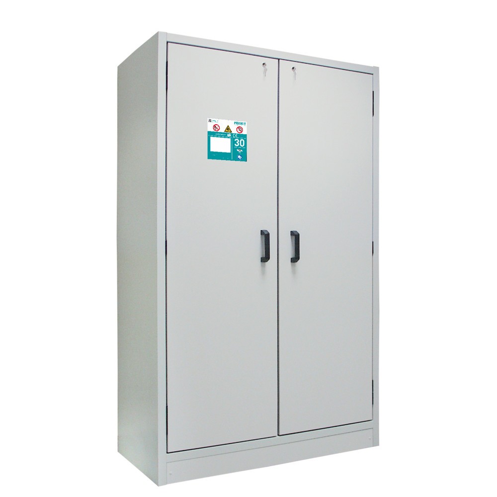 Product afbeelding: Veiligheidskast type 30, met 2 vleugels, 3 legborden, 1 geperforeerde plaat, 1 lekbak, RAL 7035