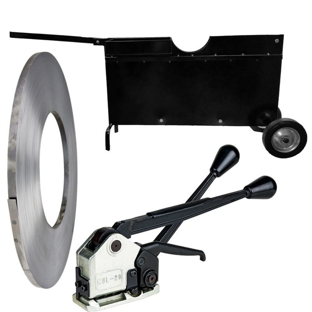 Product afbeelding: Verpakkingsstaalband-set bestaande uit blanke band, afrolwagen en omsnoeringsapparaat