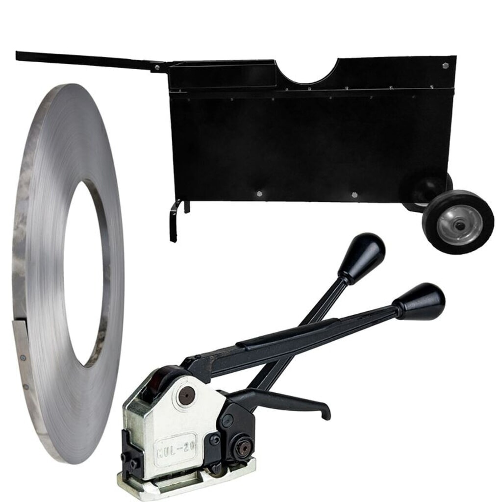 Verpakkingsstaalband-set bestaande uit blanke band, afrolwagen en omsnoeringsapparaat Product afbeelding: Verpakkingsstaalband-set bestaande uit blanke band, afrolwagen en omsnoeringsapparaat