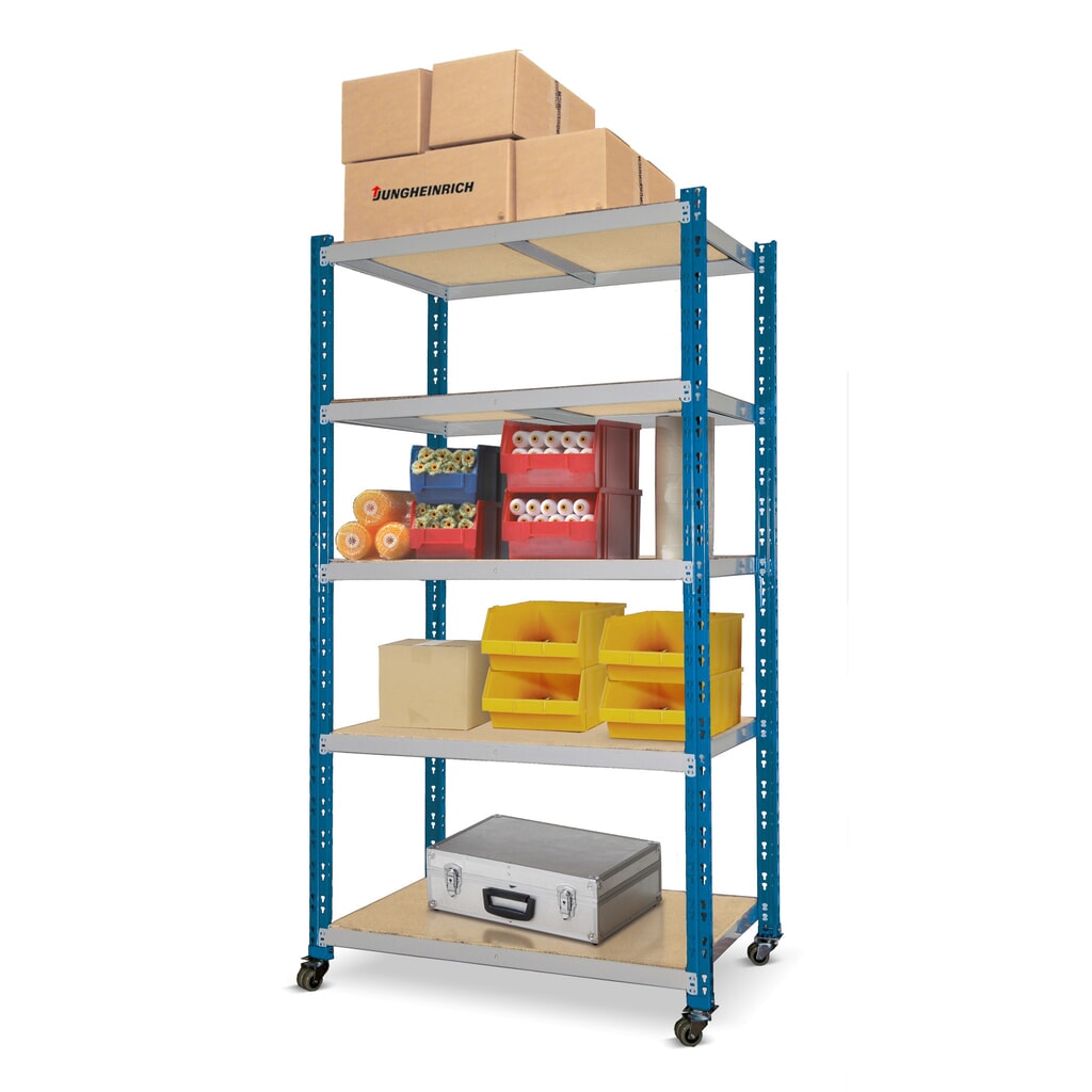 Product afbeelding: Verrijdbare legbordstelling, gentiaanblauw, verzinkt, met 3 legborden van spaanplaat, vaklast 300 kg, hxbxd 900 x 1.000 x 600 mm
