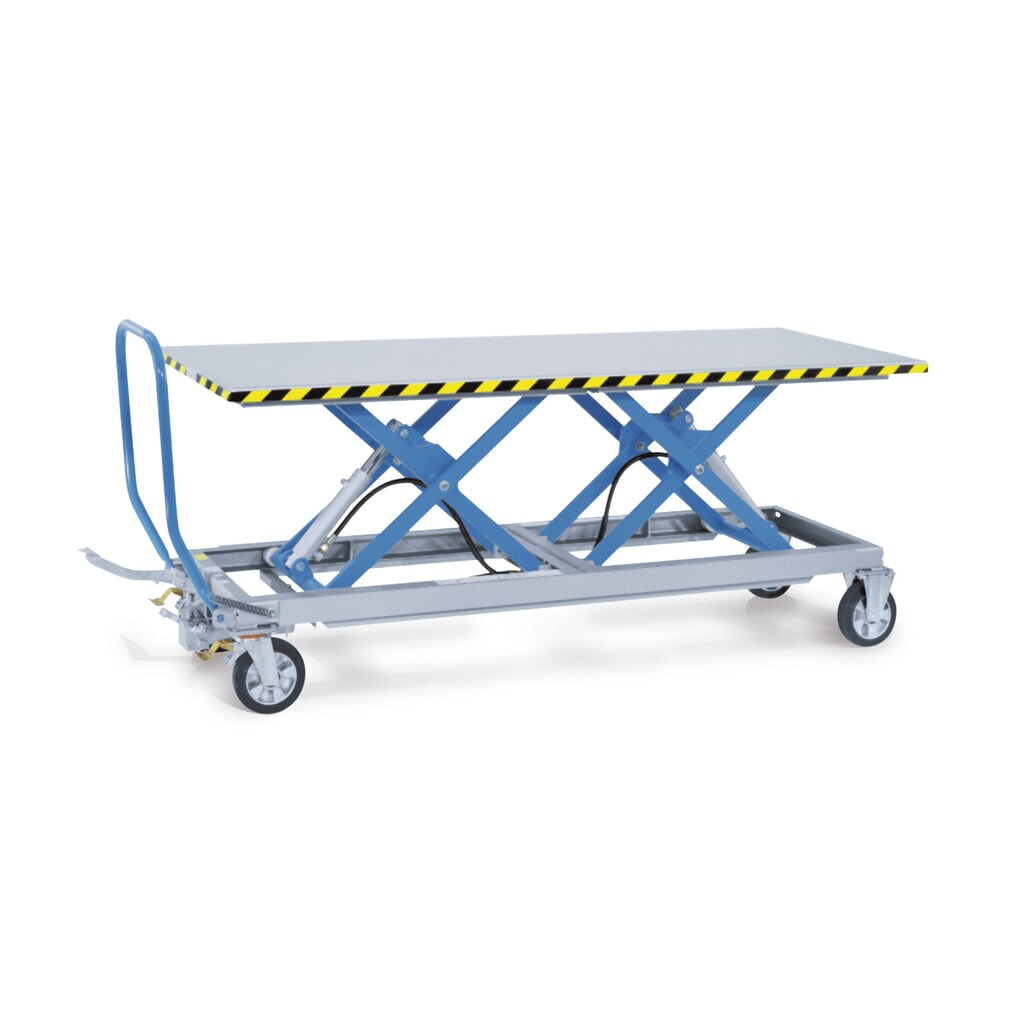 Verrijdbare heftafel met tandemschaar, cap. 500 kg, afmetingen 2.200 x 800 mm Product afbeelding: Verrijdbare heftafel met tandemschaar, cap. 500 kg, afmetingen 2.200 x 800 mm