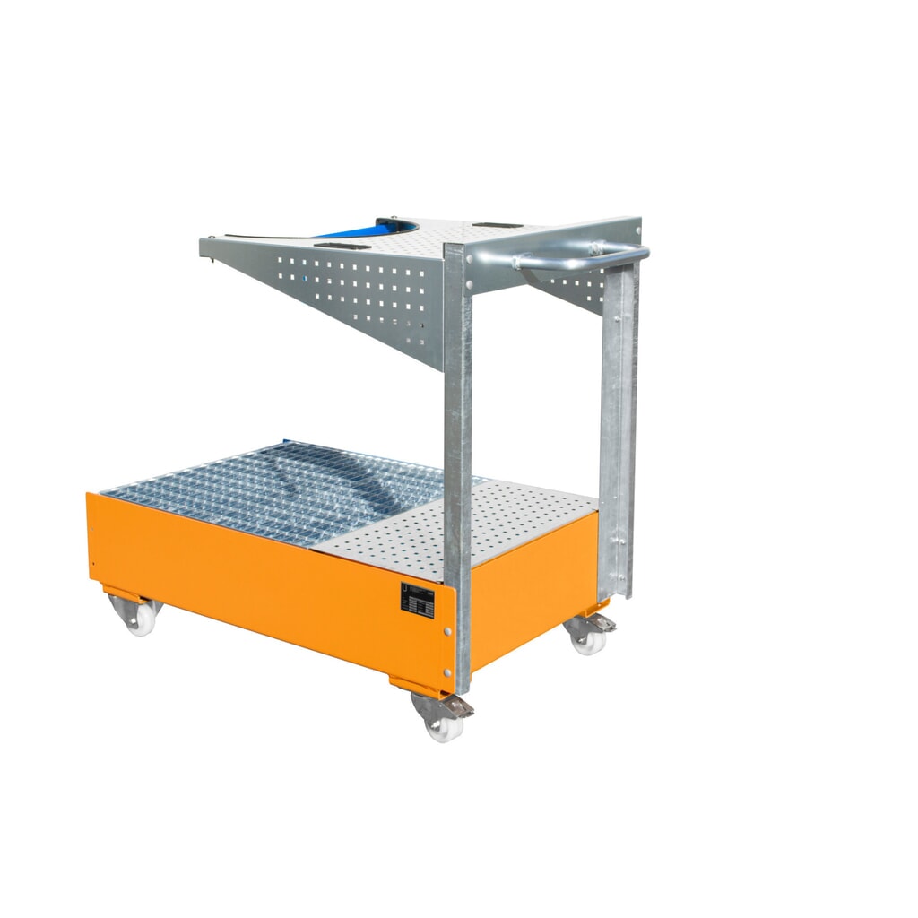 Bauer® lekbak van staal LPW, verrijdbaar, inclusief geperforeerde plaatbeugel en bevestigingsband, geel-oranje Product afbeelding: Bauer® lekbak van staal LPW, verrijdbaar, inclusief geperforeerde plaatbeugel en bevestigingsband, geel-oranje