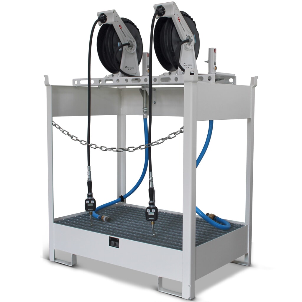 Verse-oliestation SAMOA 22 DP, voor 2 vaten van 60 liter of 2 vaten van 200 liter, incl. lekbak, 2 pneumatische pompen, 2 open haspels en 2 vulpistolen met elektronische teller Product afbeelding: Verse-oliestation SAMOA 22 DP, voor 2 vaten van 60 liter of 2 vaten van 200 liter, incl. lekbak, 2 pneumatische pompen, 2 open haspels en 2 vulpistolen met elektronische teller