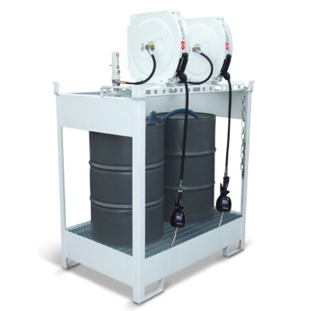 Product afbeelding: Verse-oliestation SAMOA-HALLBAUER 22 DP, voor 2 vaten van 60 liter of 2 vaten van 200 liter, incl. lekbak, 2 pneumatische pompen, 2 gesloten haspels en 2 vulpistolen met elektronische teller