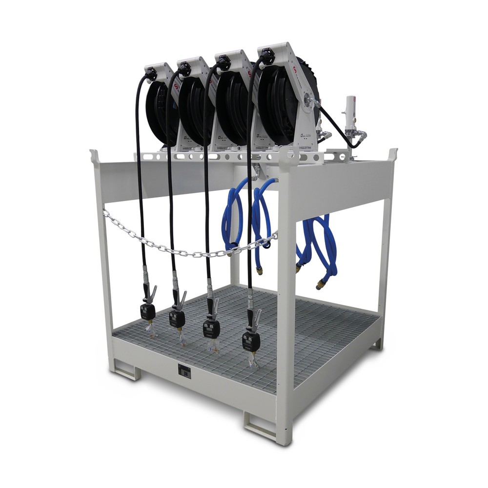Product afbeelding: Verse-oliestation SAMOA-HALLBAUER 44 DP, voor 4 vaten van 60 liter of 4 vaten van 200 liter, incl. lekbak, 4 pneumatische pompen, 4 open haspels en 4 vulpistolen met elektronische teller
