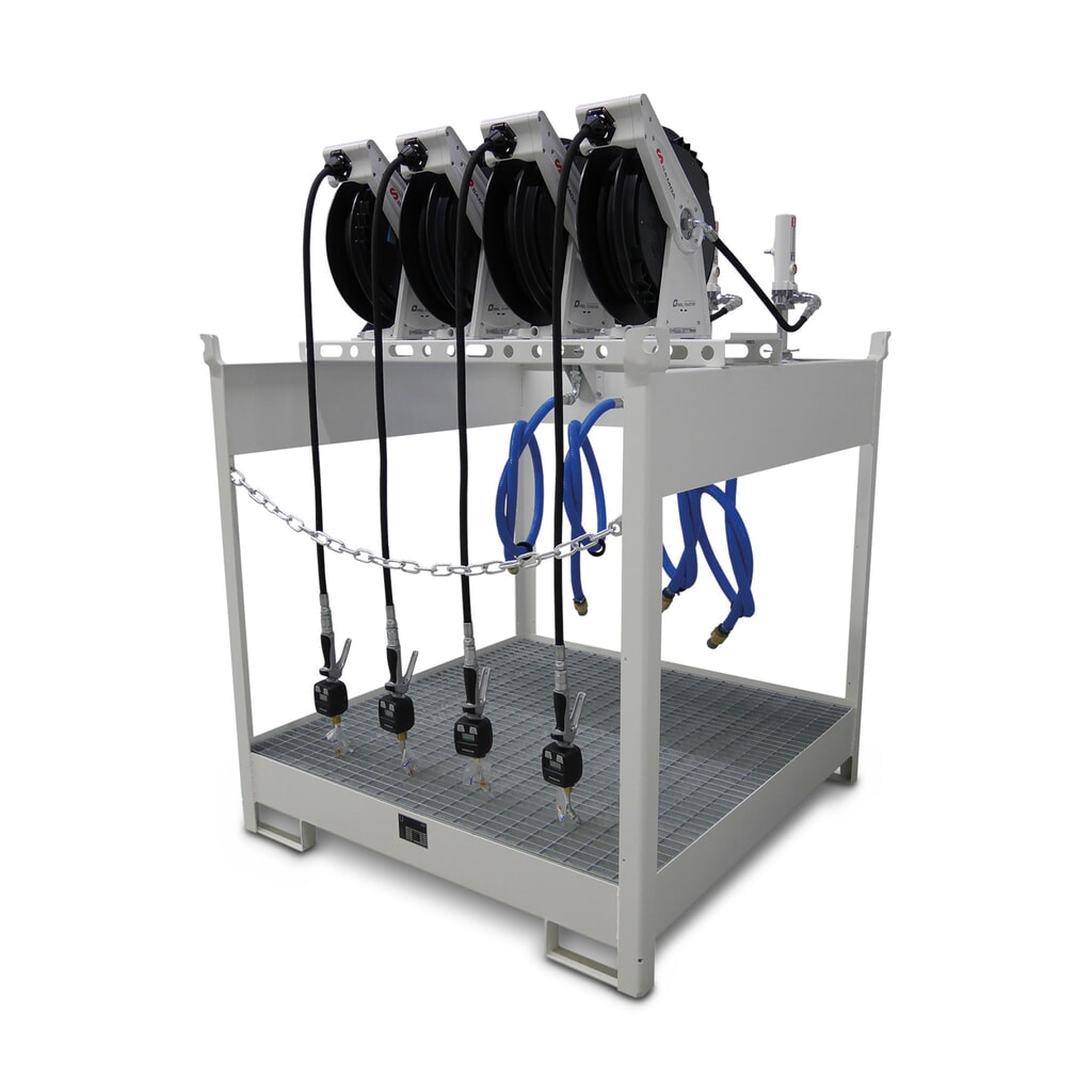 Product afbeelding: Verse-oliestation SAMOA 44 DP, voor 4 vaten van 60 liter of 4 vaten van 200 liter, incl. lekbak, 4 pneumatische pompen, 4 open haspels en 4 vulpistolen met elektronische teller