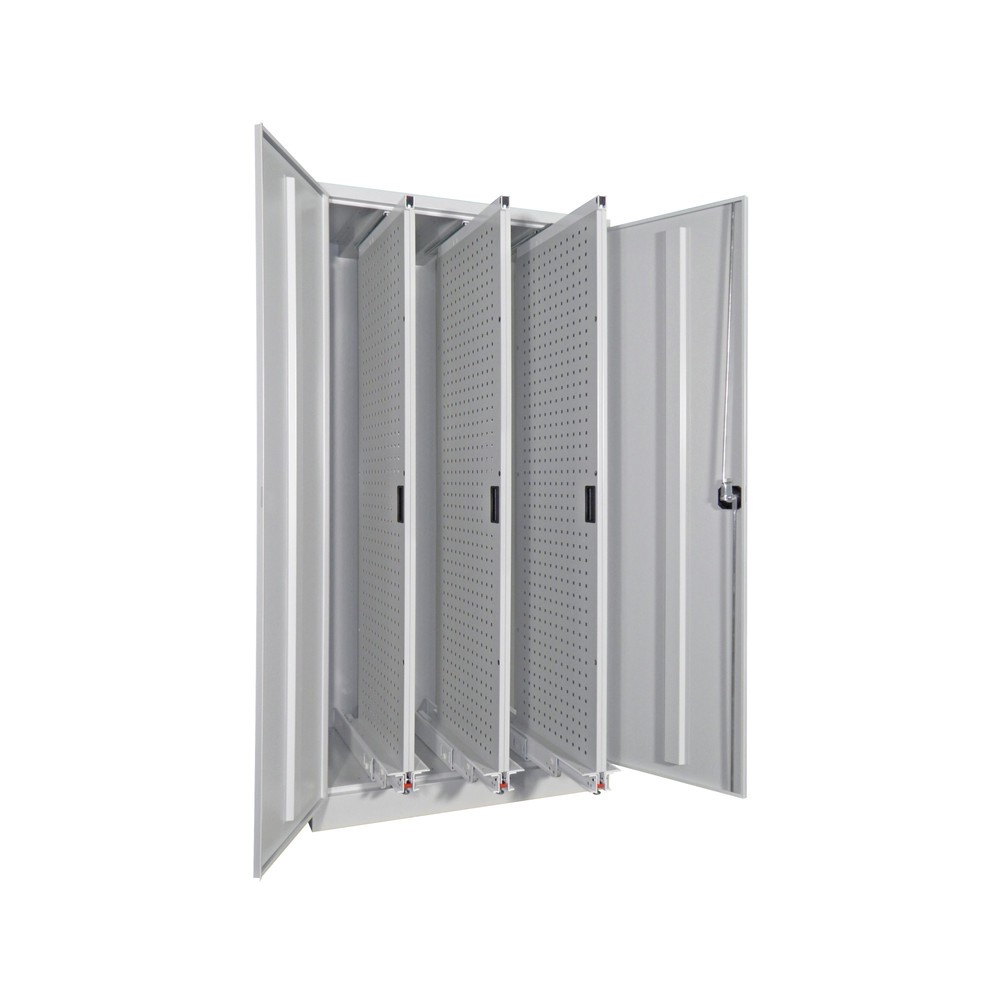 Product afbeelding: Verticaal uitschuifbare kast PAVOY met geperforeerde wanden, 4 uitschuifbare secties, hxbxd 1.950 x 1.000 x 600 mm, gentiaanblauw, lichtgrijs