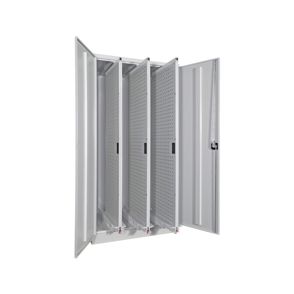 Verticaal uitschuifbare kast PAVOY met geperforeerde wanden, 3 uitschuifbare secties, hxbxd 1.950 x 1.000 x 600 mm, lichtgrijs, lichtblauw Product afbeelding: Verticaal uitschuifbare kast PAVOY met geperforeerde wanden, 3 uitschuifbare secties, hxbxd 1.950 x 1.000 x 600 mm, lichtgrijs, lichtblauw