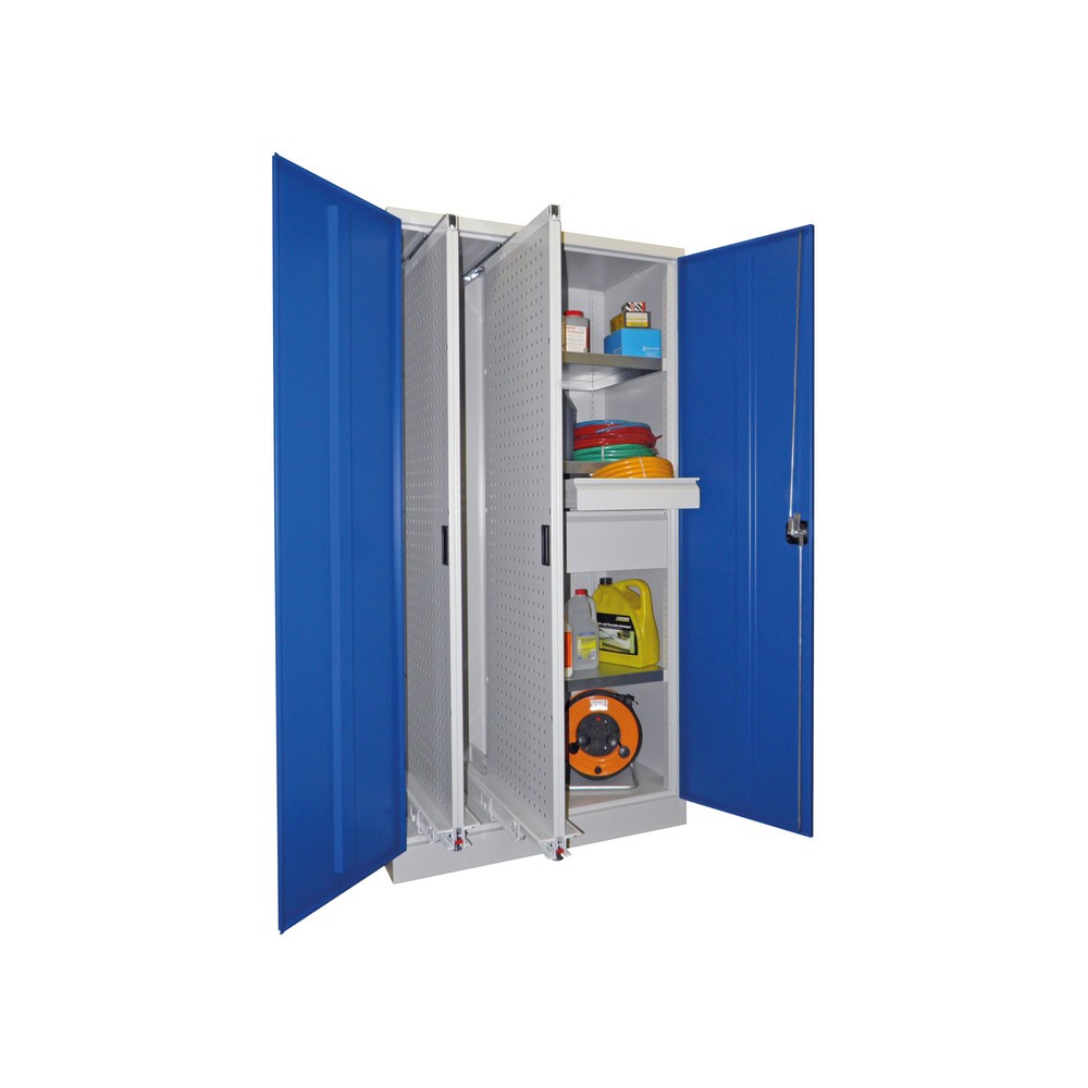 Product afbeelding: Verticaal uitschuifbare kast PAVOY met scheidingswand + 2 uitschuifbare geperforeerde wanden + 3 legborden, gentiaanblauw, lichtgrijs