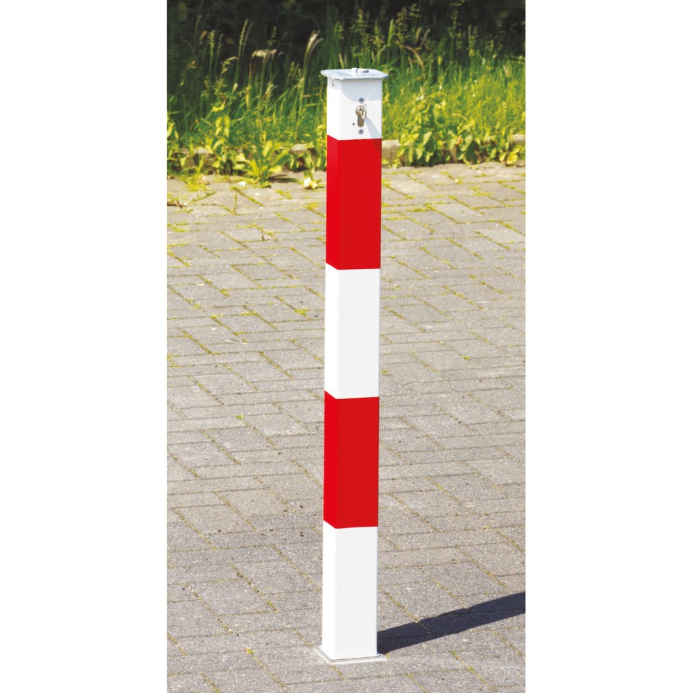Product afbeelding: Afzetpaal van aluminium, verzinkbaar 70 x 70 mm, staand afsluitbaar, rood/wit