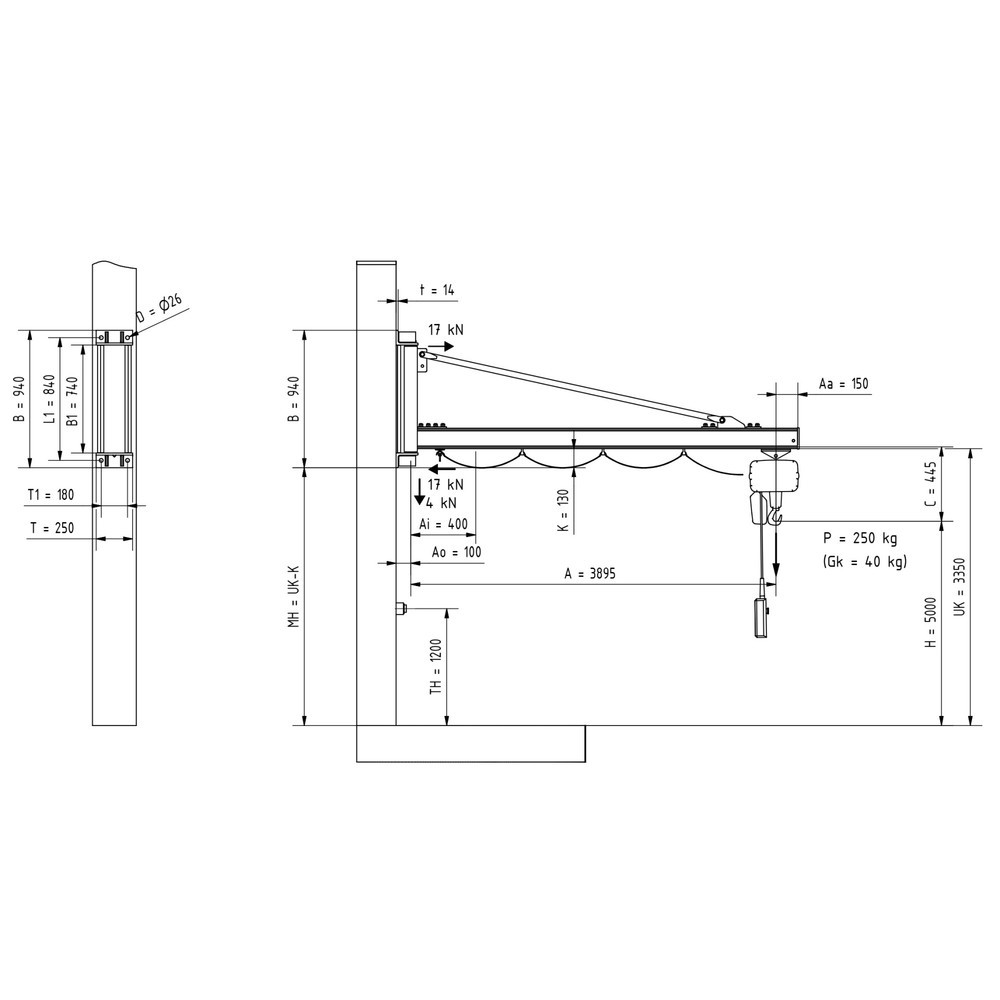 Productafbeelding nr. 2: Zwenkkraan VETTER® incl. elektrische takel LIFTKET, wanduitvoering, reikwijdte 3.900 mm, draagvermogen 250 kg