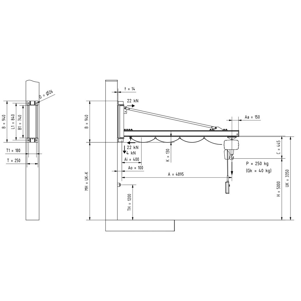 Productafbeelding nr. 2: Zwenkkraan VETTER® incl. elektrische takel LIFTKET, wanduitvoering, reikwijdte 4.900 mm, draagvermogen 250 kg