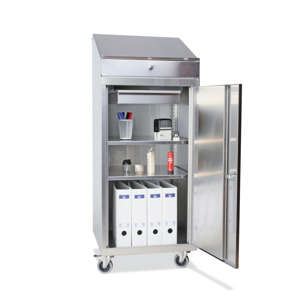 Product afbeelding: Roestvrijstalen kast met wielen+lessenaar, 2 planken+lade