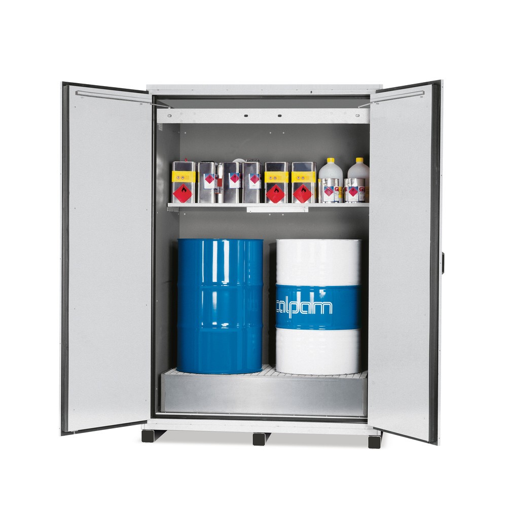 Productafbeelding nr. 2: Vuurbestendige vatenkast asecos® type 90 voor 2 x 200 l-vaten, lekbak incl. rooster, legbord + transportsokkel