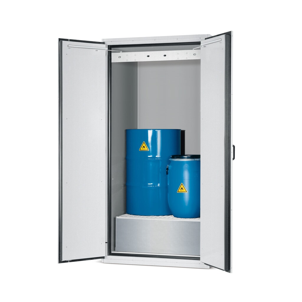 Brandveilige kluis asecos® type 90 voor 1 x 200 l vat, lekbak incl. rooster + transportsokkel Product afbeelding: Brandveilige kluis asecos® type 90 voor 1 x 200 l vat, lekbak incl. rooster + transportsokkel