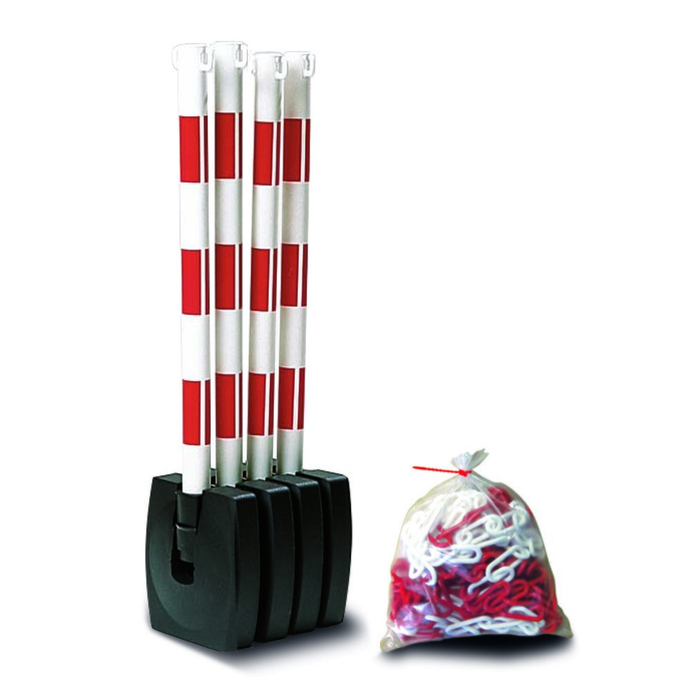 Productafbeelding nr. 1: Waarschuwingsstandaardset met ketting MORAVIA GUARDA-Flex, 4 staanders + 10 m ketting, rood/wit