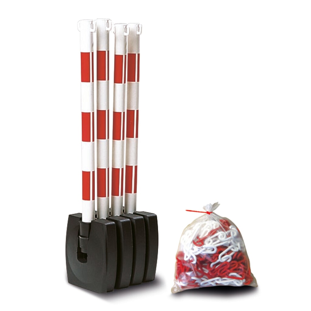 Productafbeelding nr. 1: Waarschuwingsstandaardset met ketting MORAVIA GUARDA-Flex, 4 staanders + 10 m ketting, rood/wit