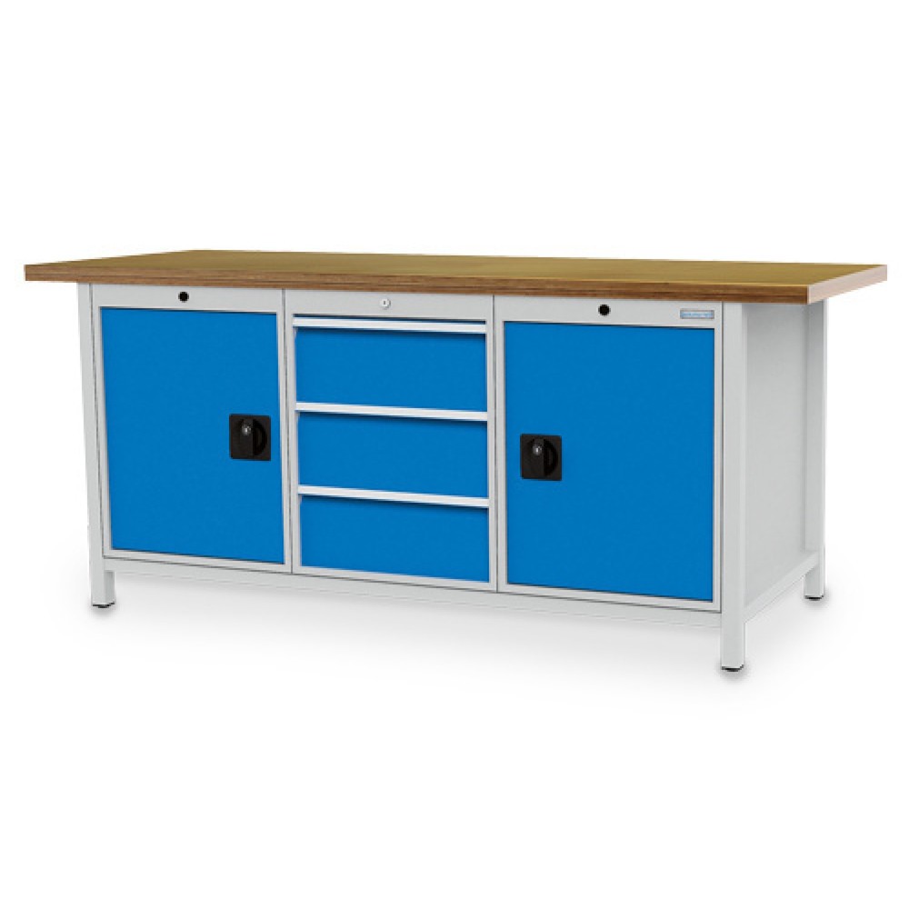 Product afbeelding: Werkbank Bedrunka+Hirth R 18-24, hxbxd 959 x 2.000 x 750 mm, lichtgrijs, lichtblauw, 3 lades 3x200 mm, 2 draaideuren 2x600 mm