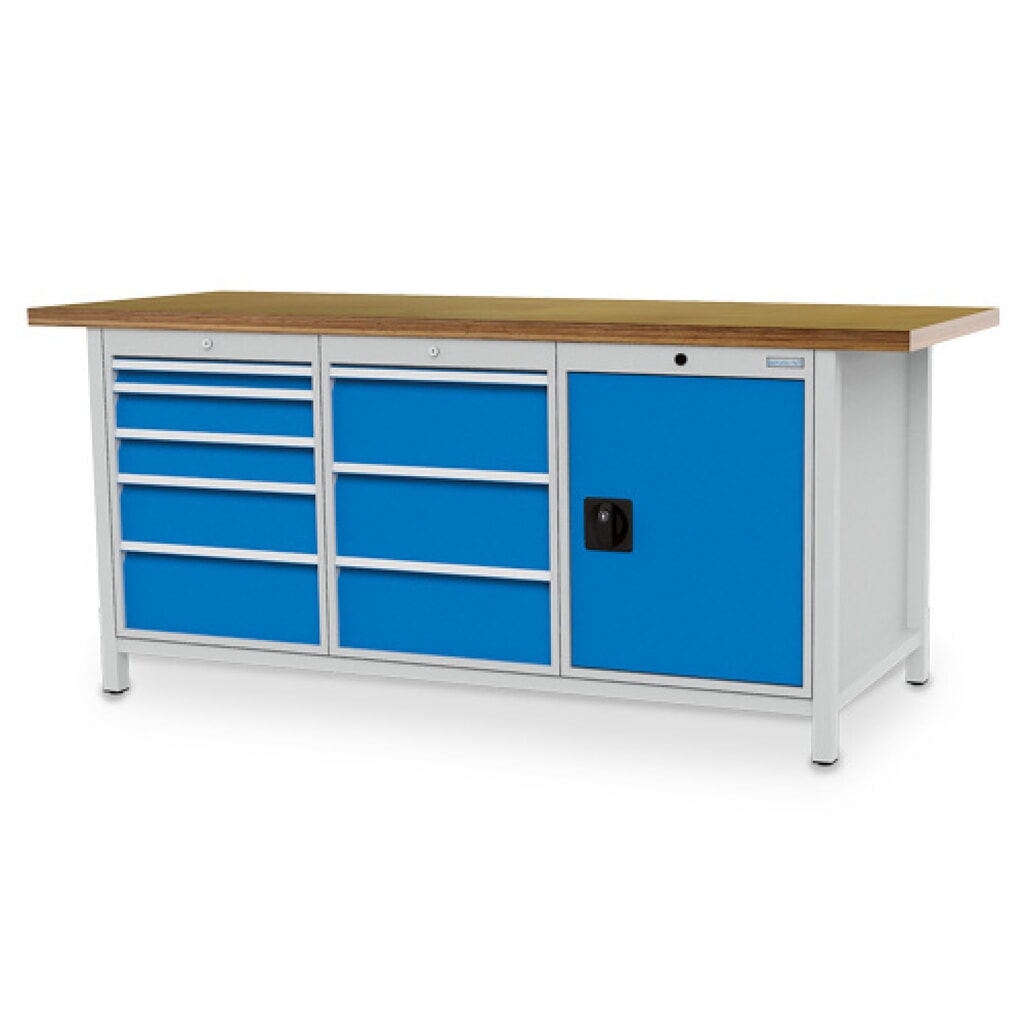 Product afbeelding: Werkbank Bedrunka+Hirth R 18-24, hxbxd 959 x 2.000 x 750 mm, lichtgrijs, lichtblauw, 8 lades 1x50 mm + 2x100 + 1x150 + 4x200 mm, 1 draaideur 1x600 mm