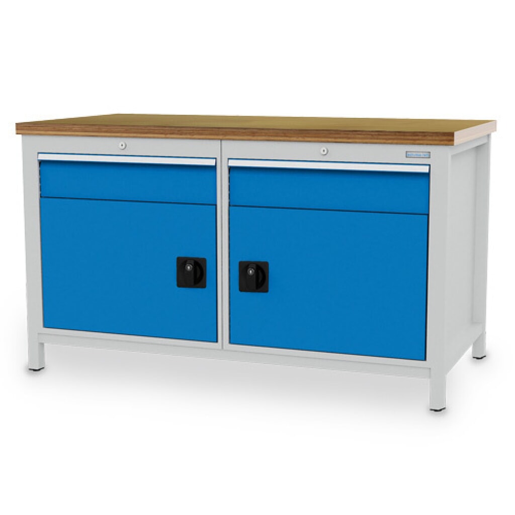 Product afbeelding: Werkbank Bedrunka+Hirth R 24-24, hxbxd 859 x 1.500 x 750 mm, lichtgrijs, lichtblauw, 2 lades 2x150 mm, 2 draaideuren 2x450 mm