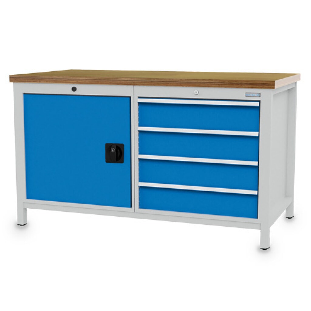Product afbeelding: Werkbank Bedrunka+Hirth R 24-24, hxbxd 859 x 1.500 x 750 mm, lichtgrijs, lichtblauw, 4 lades 4x150 mm, 1 draaideur 1x600 mm