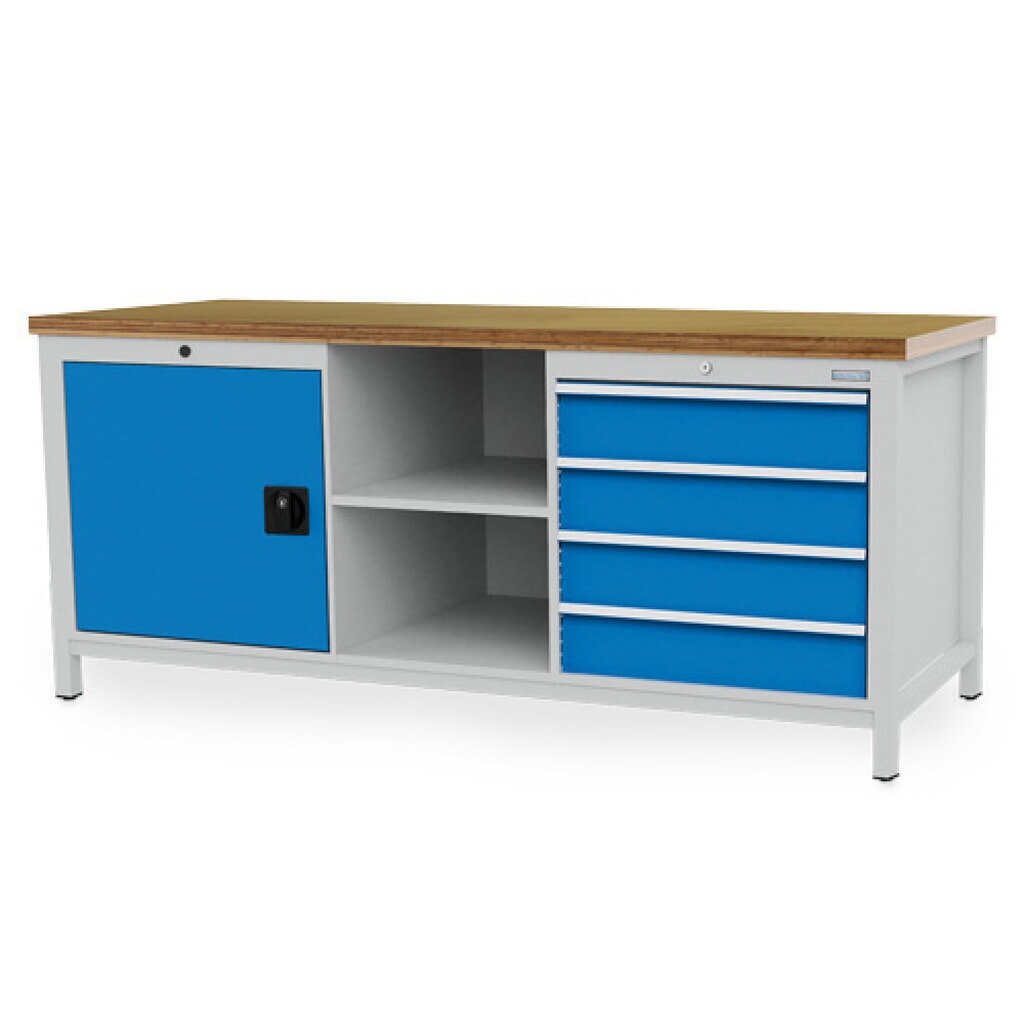 Werkbank Bedrunka+Hirth R 24-24, hxbxd 859 x 2.000 x 750 mm, lichtgrijs, lichtblauw, 4 lades 4x150 mm, 1 draaideur 1x600 mm Product afbeelding: Werkbank Bedrunka+Hirth R 24-24, hxbxd 859 x 2.000 x 750 mm, lichtgrijs, lichtblauw, 4 lades 4x150 mm, 1 draaideur 1x600 mm