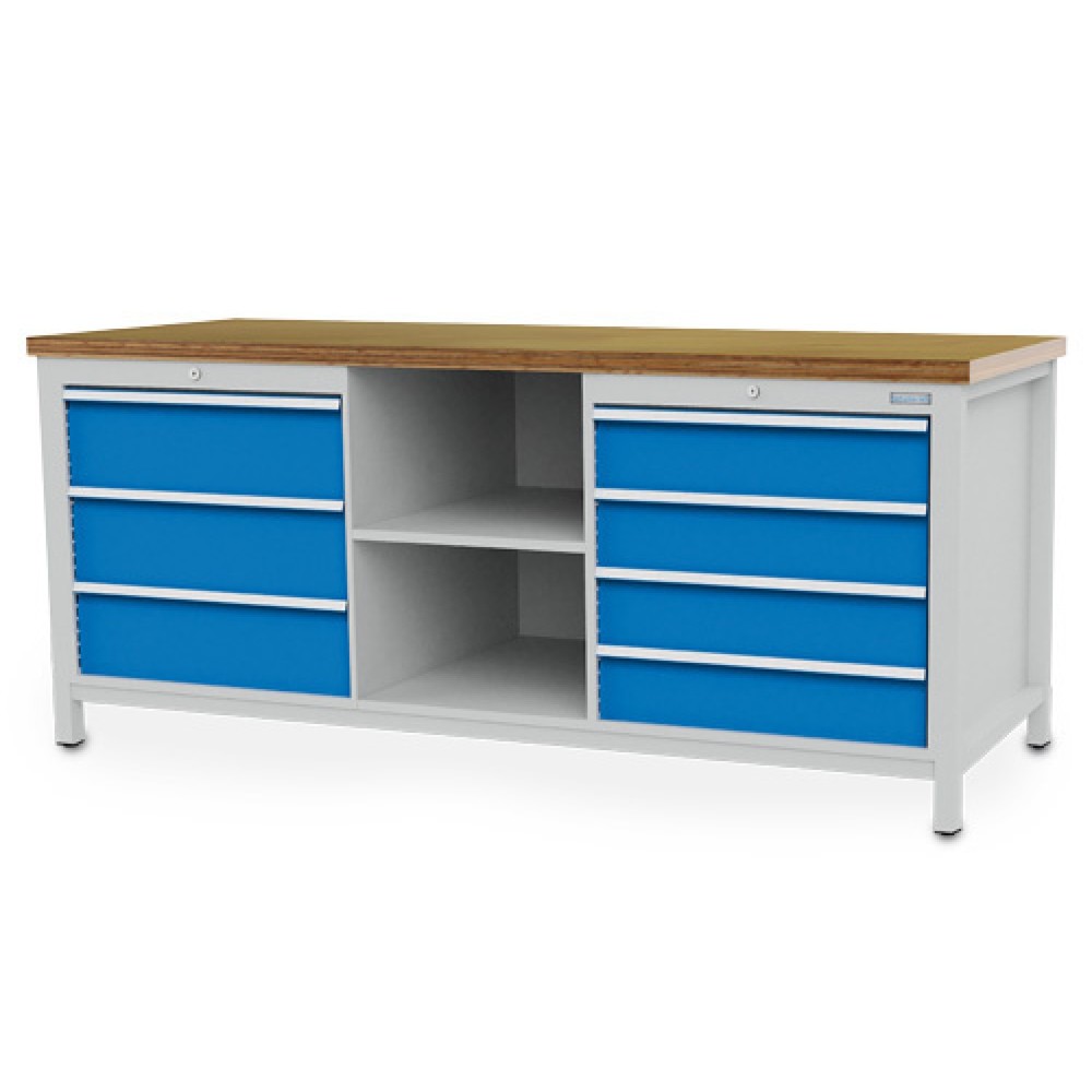 Product afbeelding: Werkbank Bedrunka+Hirth R 24-24, hxbxd 859 x 2.000 x 750 mm, lichtgrijs, lichtblauw, 7 lades 4x150 + 3x200 mm