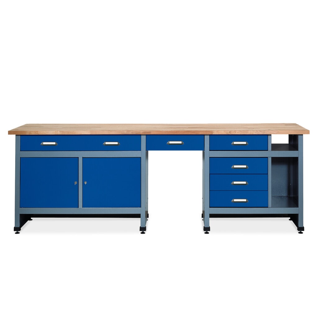 Werkbank met ladeblok + 2 deuren + opbergvak, bxd 2.400 x 600 mm, blauw Product afbeelding: Werkbank met ladeblok + 2 deuren + opbergvak, bxd 2.400 x 600 mm, blauw