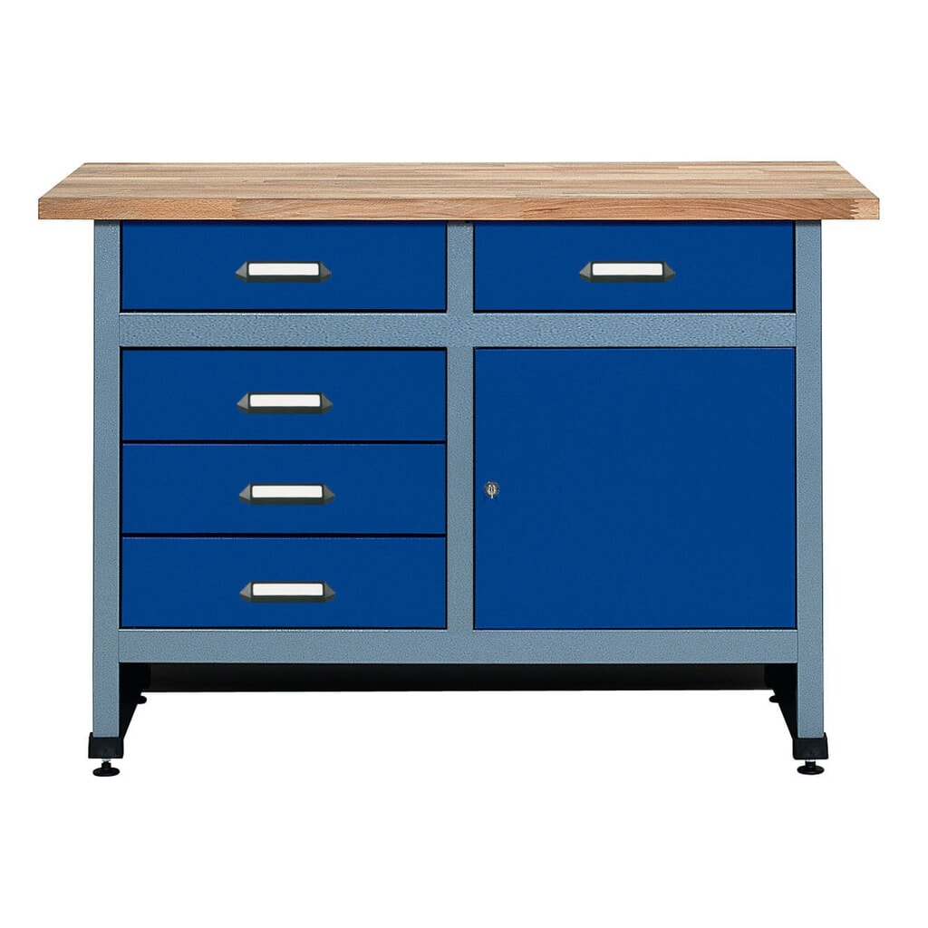 Werkbank met ladeblok + deur, bxd 1.200 x 600 mm, blauw Product afbeelding: Werkbank met ladeblok + deur, bxd 1.200 x 600 mm, blauw