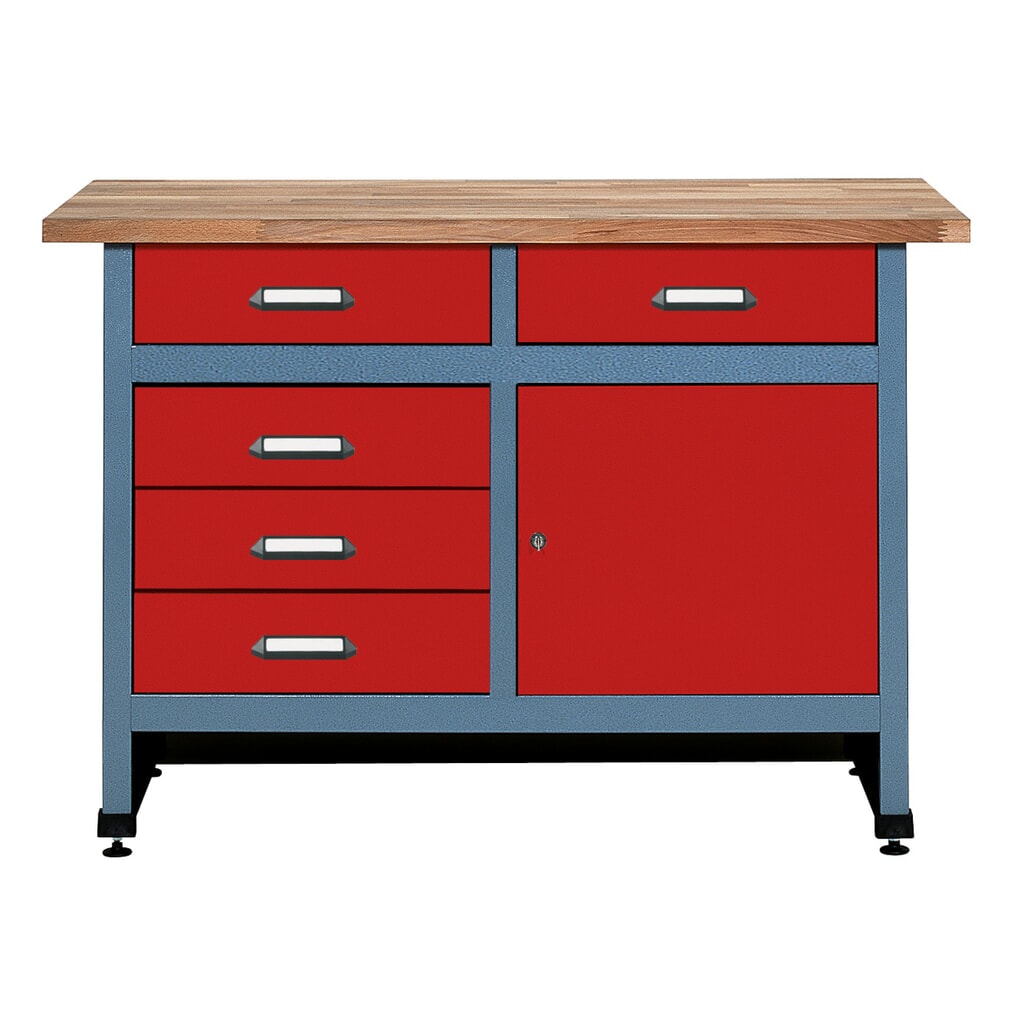 Werkbank met ladeblok + deur, bxd 1.200 x 600 mm, rood Product afbeelding: Werkbank met ladeblok + deur, bxd 1.200 x 600 mm, rood